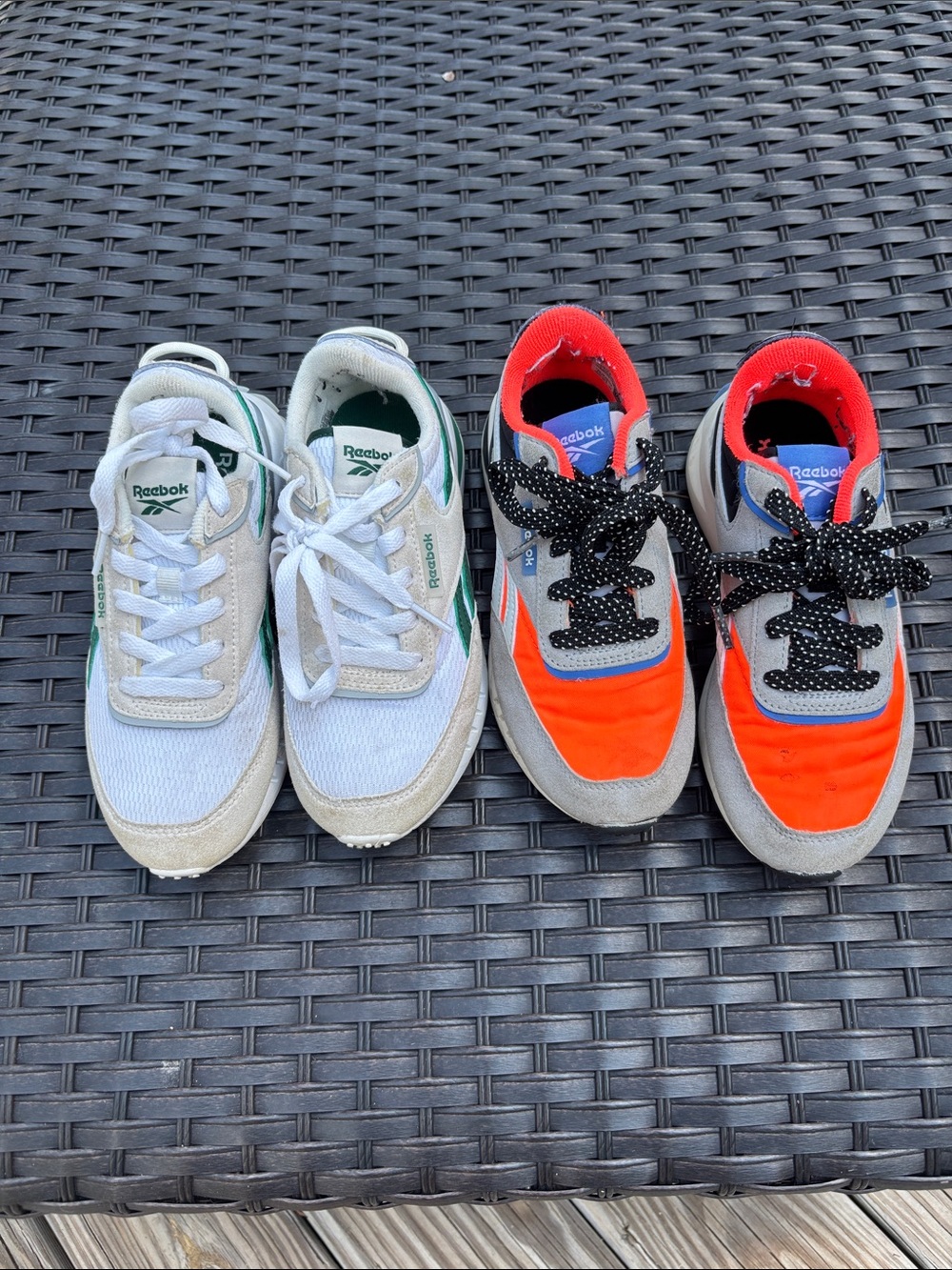 Reebok Kids Colorblock Sneakers - White & Green; Gray & Orange 2 pair size one.